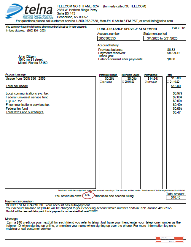 USA Telna utility bill template in Word and PDF formats